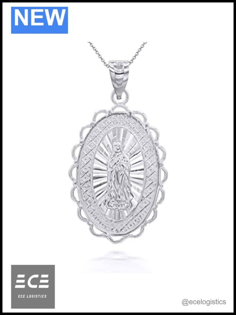 Sterling Silver Our Lady of Guadalupe Charm Pendant Necklace 16 Inch